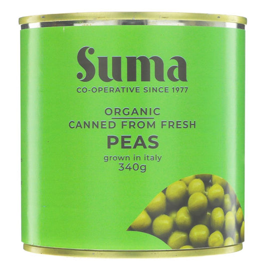 Can of Suma organic canned peas on a white background
