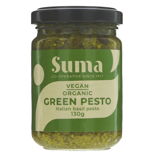 Jar of Suma Vegan Organic Green Pesto on a white background