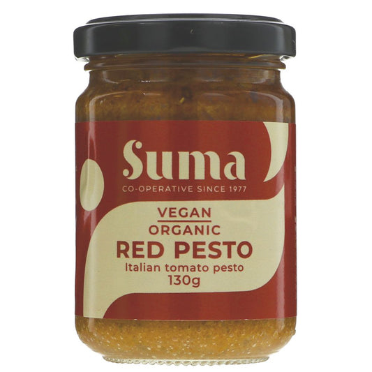 Jar of Suma Vegan Organic Red Pesto on a white background