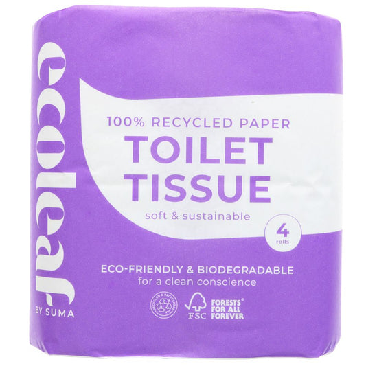 Ecoleaf toilet tissue package with purple and white design on a white background