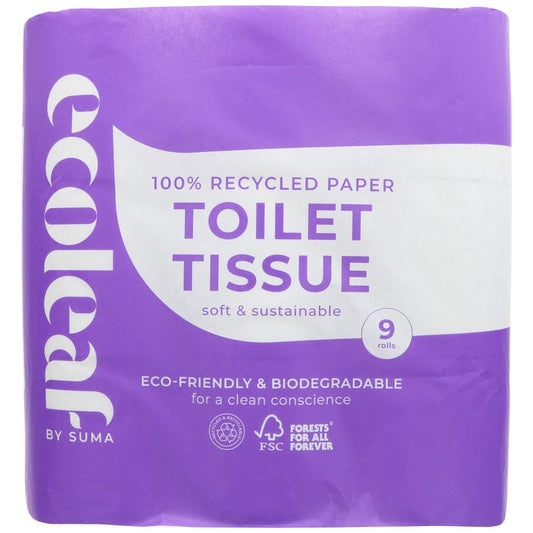 Purple package of ecoleaf by Suma toilet tissue with text and logos on a white background