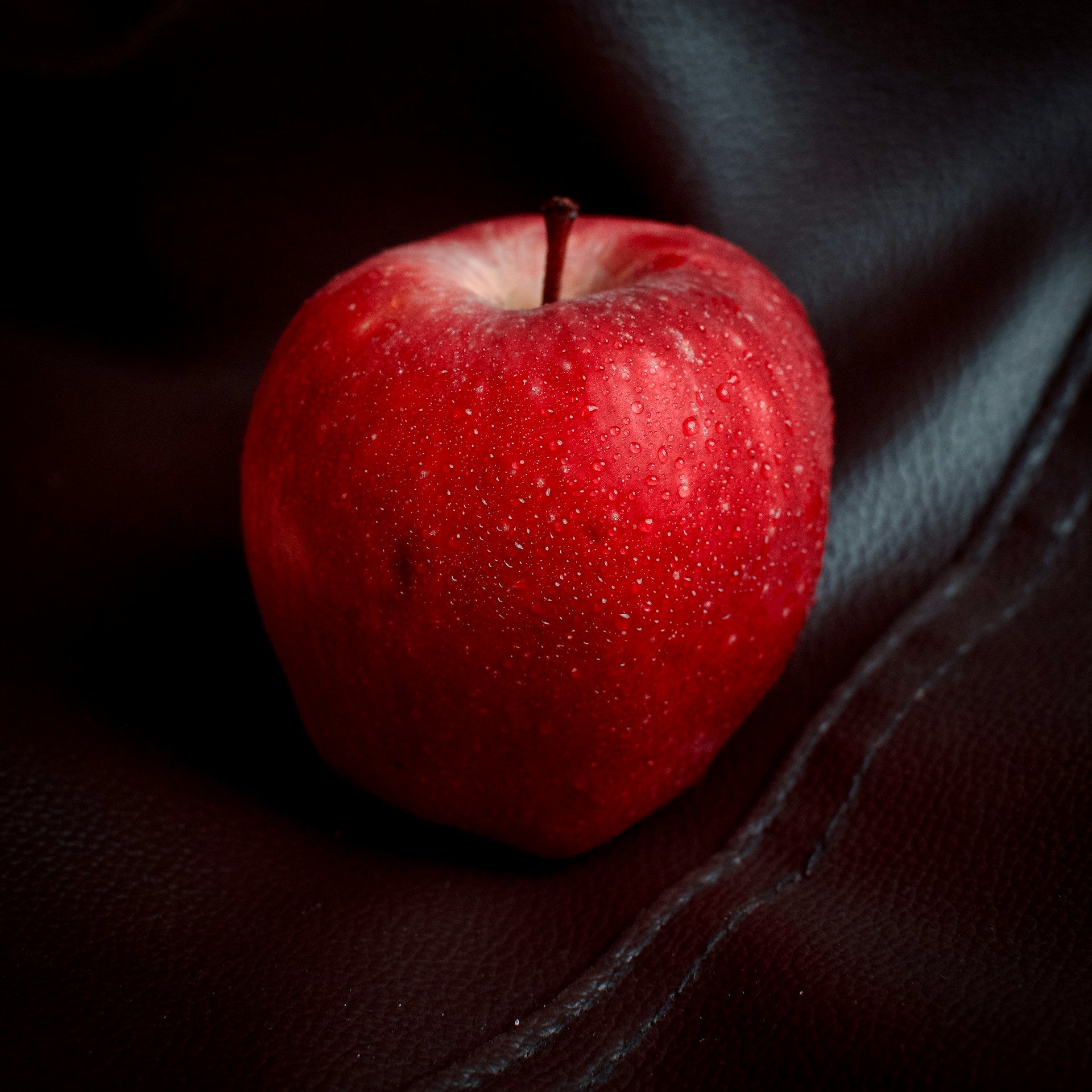 Red apple with water droplets on a dark background