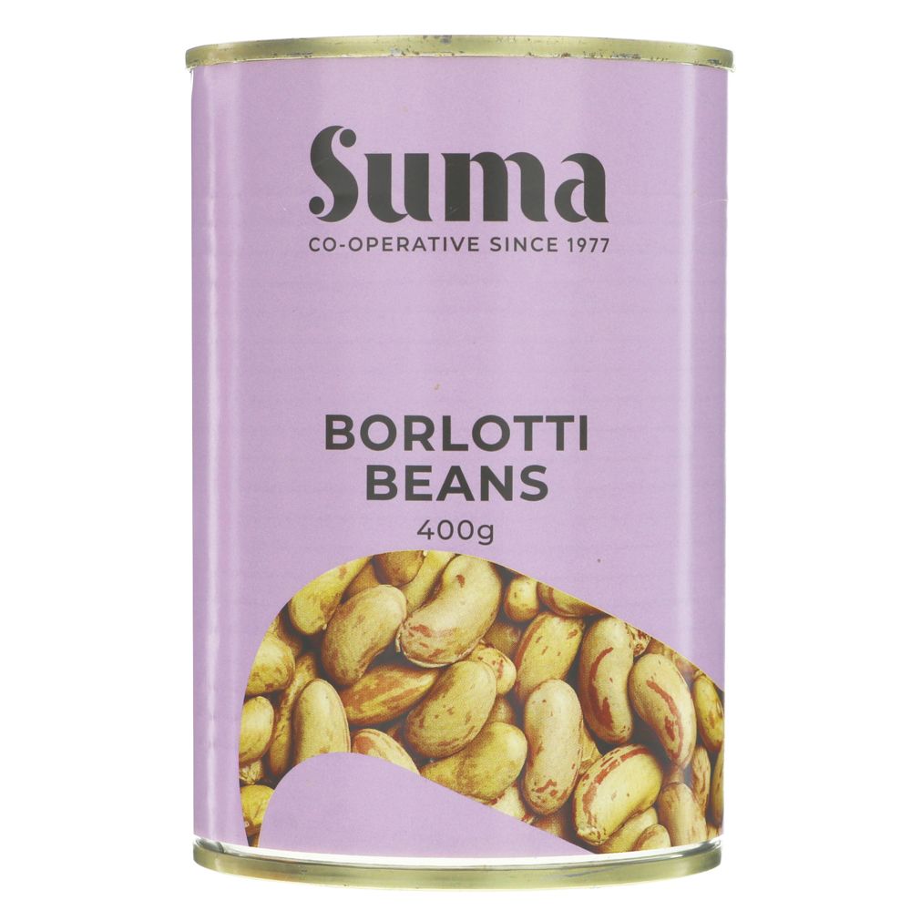Can of Suma Borlotti Beans on a white background