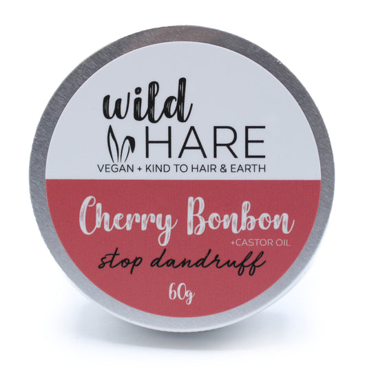 Tin of 'Cherry Bonbon' stop dandruff product by Wild Hare on a white background