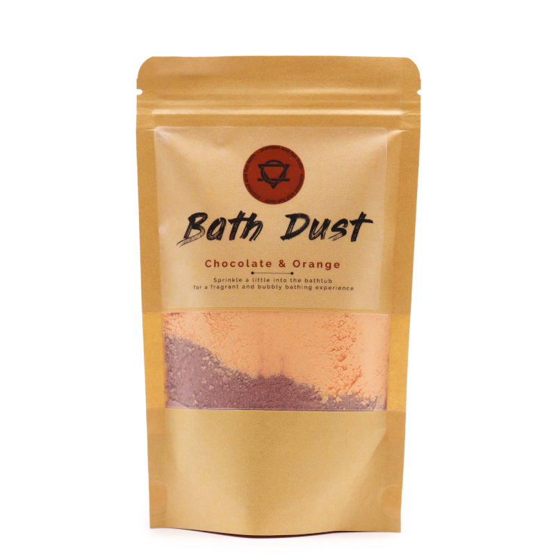 Bath Dust packaging with visible chocolate and orange powder on a white background