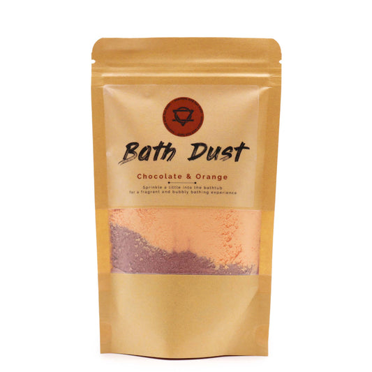 Bath Dust packaging with visible chocolate and orange powder on a white background