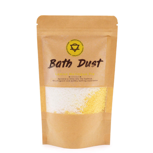 Brown package of bath dust with visible product inside on a white background