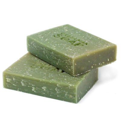 Two green bars of soap stacked on a white background