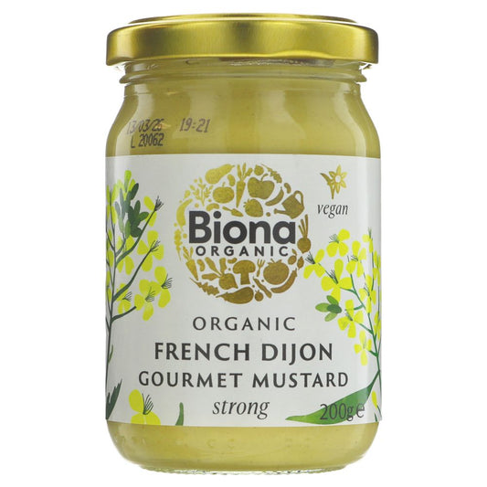Jar of Biona Organic French Dijon Gourmet Mustard on a white background