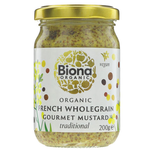 Jar of Biona Organic French Wholegrain Gourmet Mustard on a white background