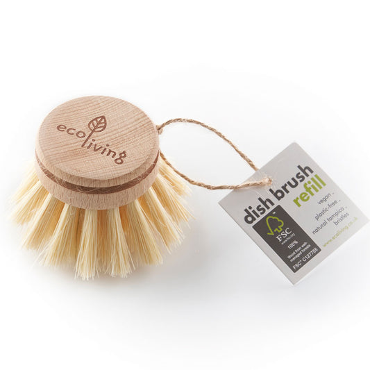 Bamboo dish brush with wooden handle and natural bristles on a white background, featuring 'ecoliving' branding.